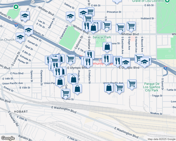 map of restaurants, bars, coffee shops, grocery stores, and more near 1209 1/2 South Indiana Street in Los Angeles