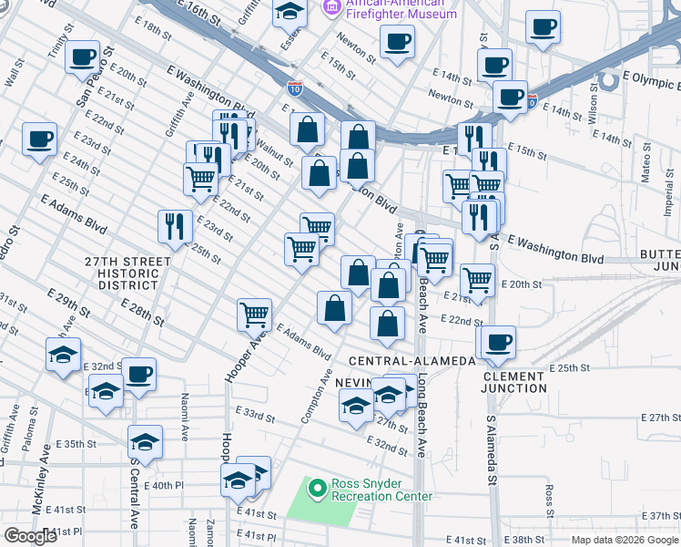 map of restaurants, bars, coffee shops, grocery stores, and more near 1539 East 22nd Street in Los Angeles