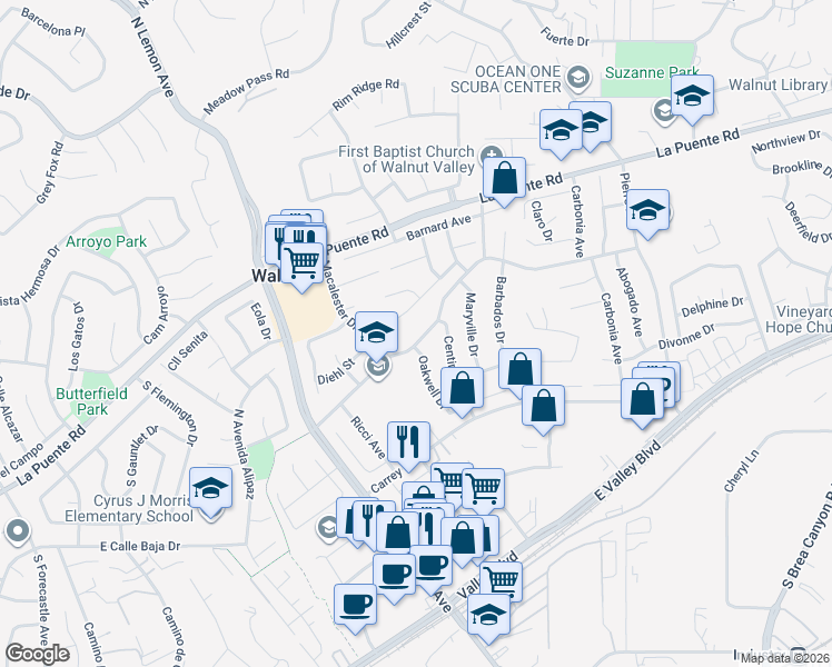 map of restaurants, bars, coffee shops, grocery stores, and more near 20318 East Vejar Road in Walnut