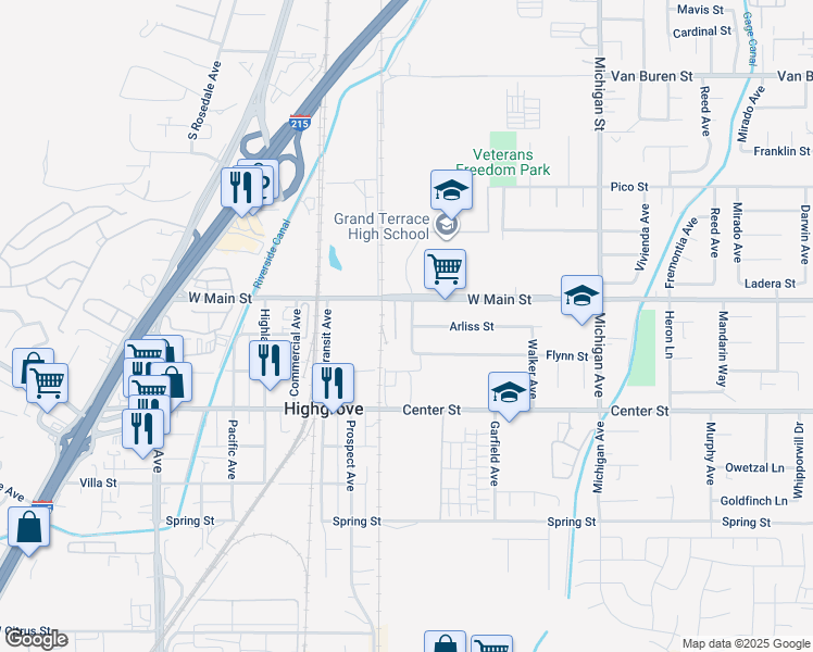 map of restaurants, bars, coffee shops, grocery stores, and more near 87 Sanrive Avenue in Riverside
