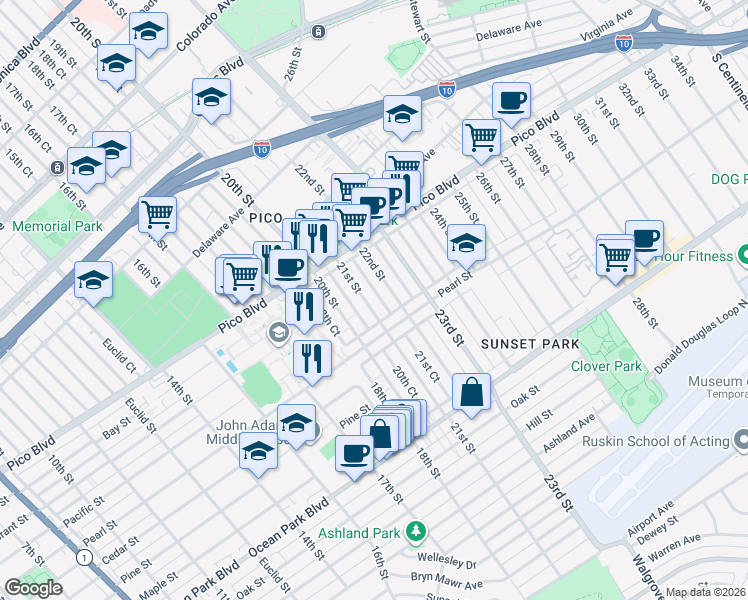 map of restaurants, bars, coffee shops, grocery stores, and more near 2237 21st Street in Santa Monica