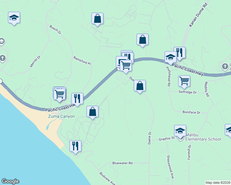 map of restaurants, bars, coffee shops, grocery stores, and more near 6539 Wandermere Road in Malibu