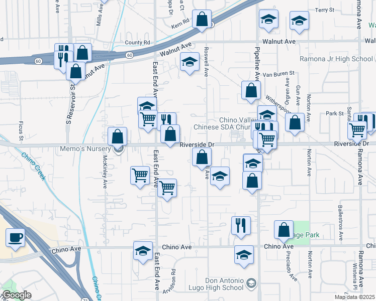 map of restaurants, bars, coffee shops, grocery stores, and more near 12920 Cozzens Avenue in Chino