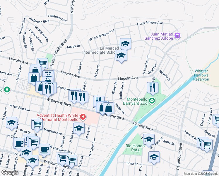 map of restaurants, bars, coffee shops, grocery stores, and more near 640 Poplar Avenue in Montebello