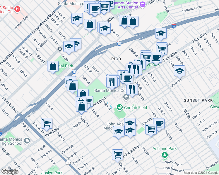 map of restaurants, bars, coffee shops, grocery stores, and more near 1963 17th Court in Santa Monica