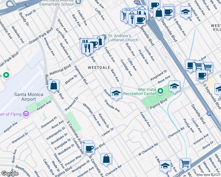 map of restaurants, bars, coffee shops, grocery stores, and more near 3245 South Barrington Avenue in Los Angeles