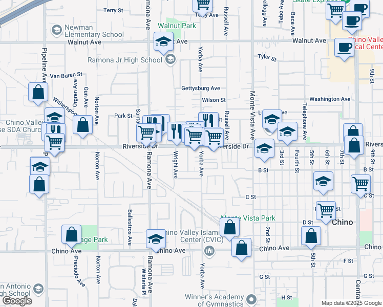 map of restaurants, bars, coffee shops, grocery stores, and more near 12931 Rhodes Place in Chino