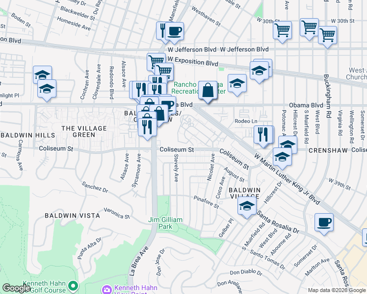 map of restaurants, bars, coffee shops, grocery stores, and more near 4929 Coliseum Street in Los Angeles