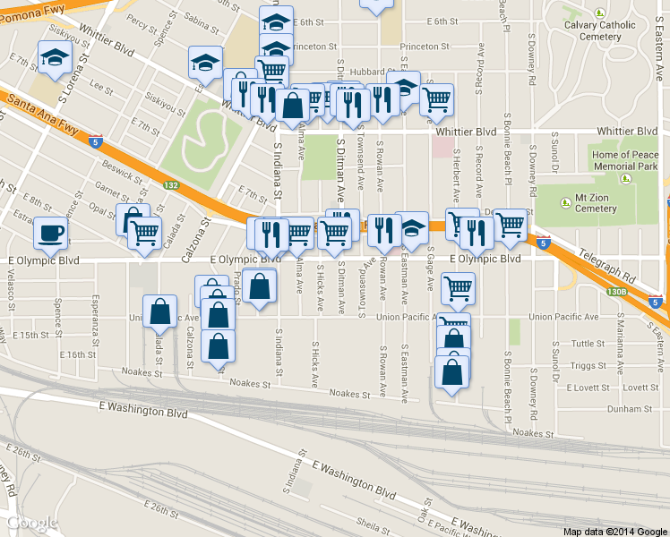 map of restaurants, bars, coffee shops, grocery stores, and more near 1215 South Ditman Avenue in Los Angeles