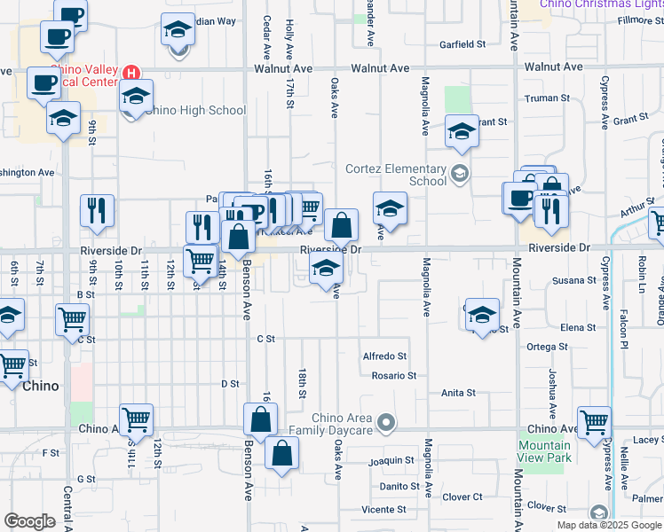 map of restaurants, bars, coffee shops, grocery stores, and more near 12936 Oaks Avenue in Chino