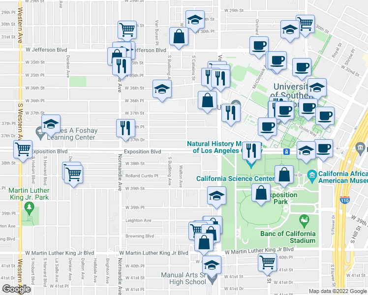 map of restaurants, bars, coffee shops, grocery stores, and more near 3771 South Catalina Street in Los Angeles