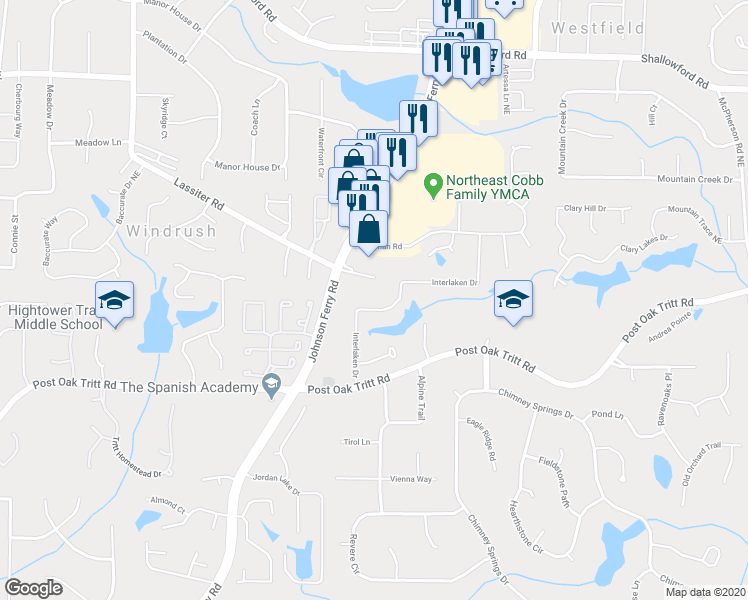 map of restaurants, bars, coffee shops, grocery stores, and more near 2811 Interlaken Drive in Marietta