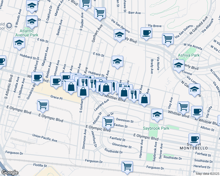 map of restaurants, bars, coffee shops, grocery stores, and more near 743 Leonard Avenue in East Los Angeles