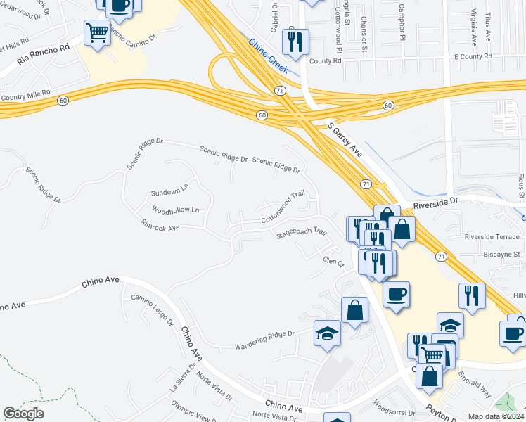 map of restaurants, bars, coffee shops, grocery stores, and more near 2471 Hillsborough Lane in Chino Hills