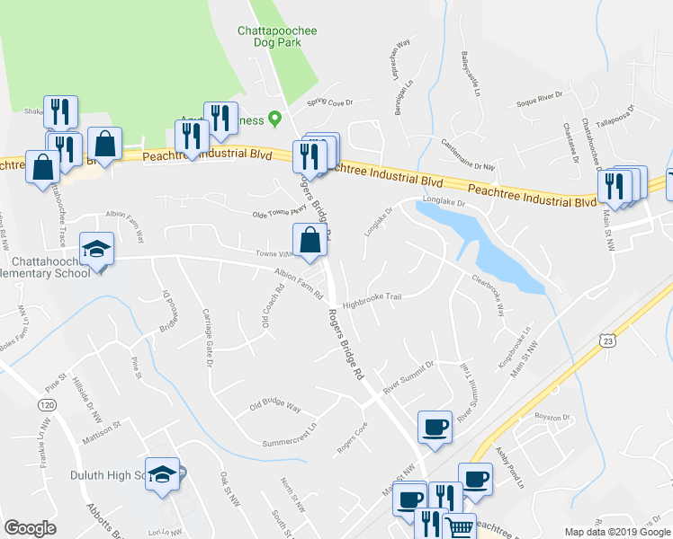 map of restaurants, bars, coffee shops, grocery stores, and more near 3920 Stonebriar Court in Duluth
