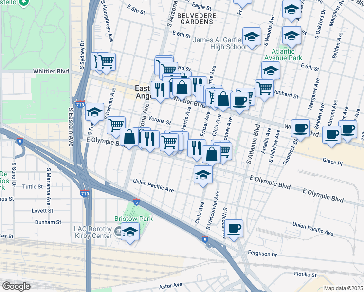 map of restaurants, bars, coffee shops, grocery stores, and more near 1116 South Ferris Avenue in East Los Angeles
