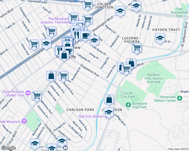 map of restaurants, bars, coffee shops, grocery stores, and more near 4185 Duquesne Avenue in Culver City