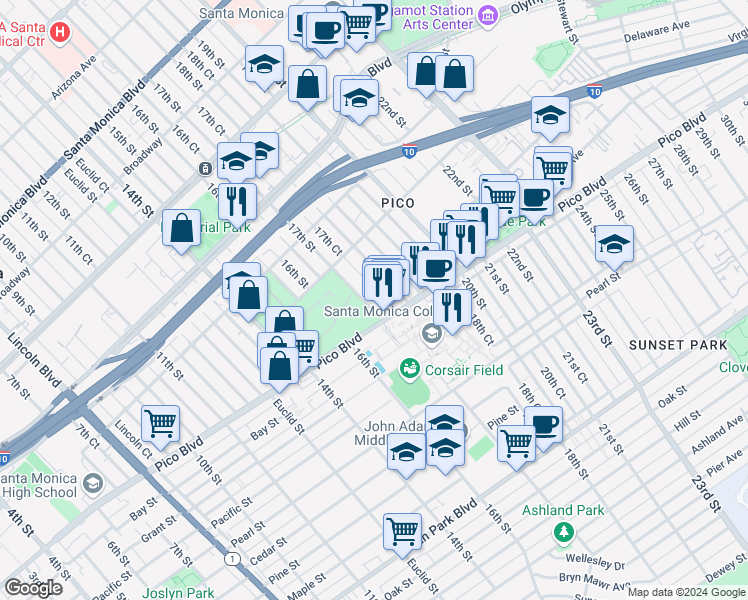 map of restaurants, bars, coffee shops, grocery stores, and more near 1963 17th Street in Santa Monica