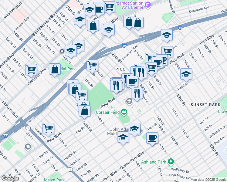 map of restaurants, bars, coffee shops, grocery stores, and more near 1963 17th Street in Santa Monica