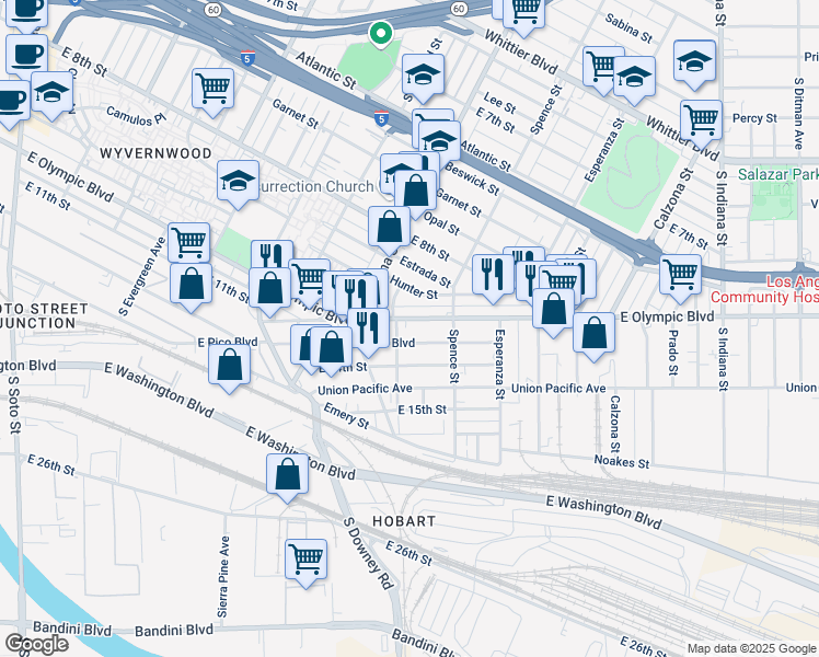 map of restaurants, bars, coffee shops, grocery stores, and more near 3412 East Olympic Boulevard in Los Angeles