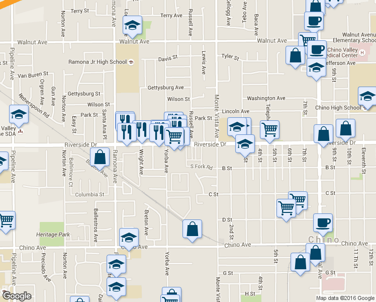 map of restaurants, bars, coffee shops, grocery stores, and more near 12925 Homestead Place in Chino