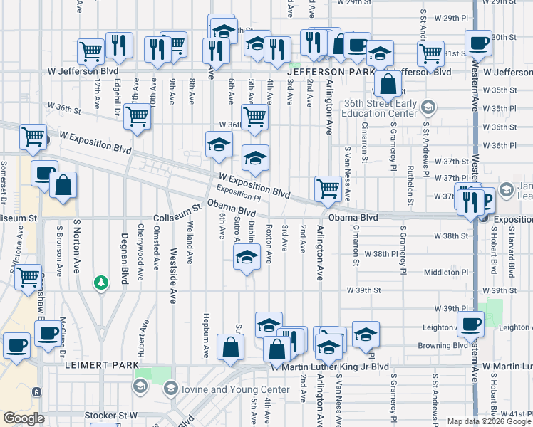 map of restaurants, bars, coffee shops, grocery stores, and more near 2401 Obama Boulevard in Los Angeles