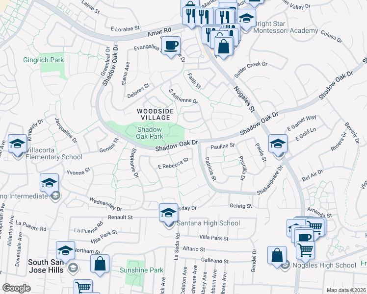 map of restaurants, bars, coffee shops, grocery stores, and more near 2323 East Regina Street in West Covina