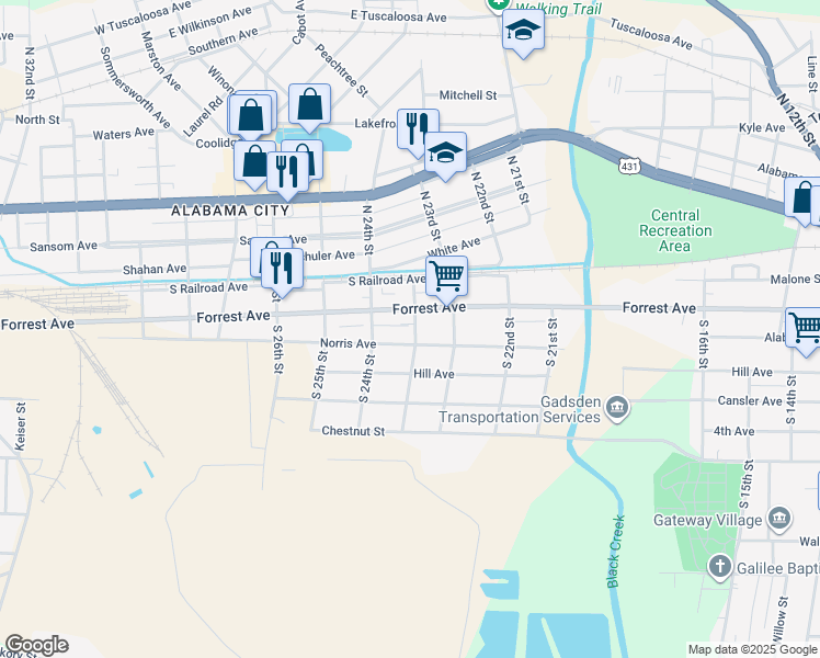 map of restaurants, bars, coffee shops, grocery stores, and more near 103 South Burns Street in Gadsden