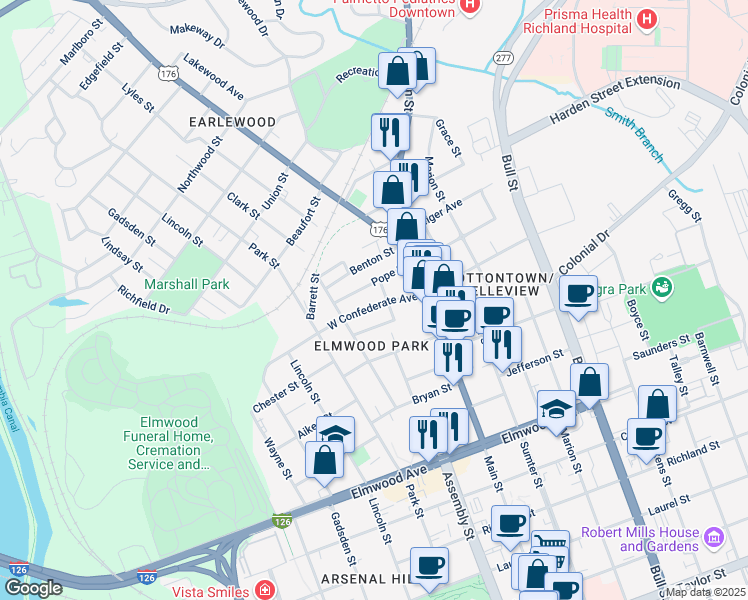 map of restaurants, bars, coffee shops, grocery stores, and more near 1027 Confederate Avenue in Columbia