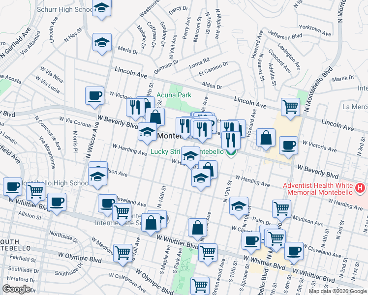 map of restaurants, bars, coffee shops, grocery stores, and more near 1516 West Beverly Terrace in Montebello