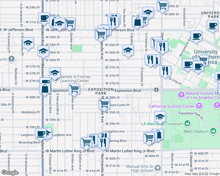 map of restaurants, bars, coffee shops, grocery stores, and more near 1255 Exposition Boulevard in Los Angeles