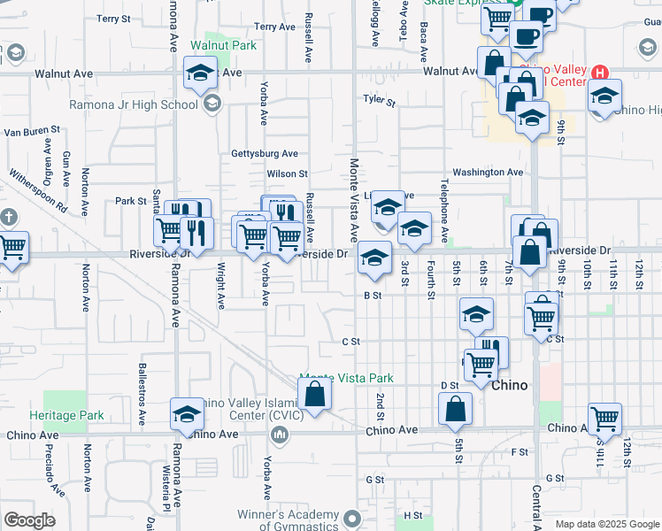 map of restaurants, bars, coffee shops, grocery stores, and more near 12929 Saddleback Place in Chino