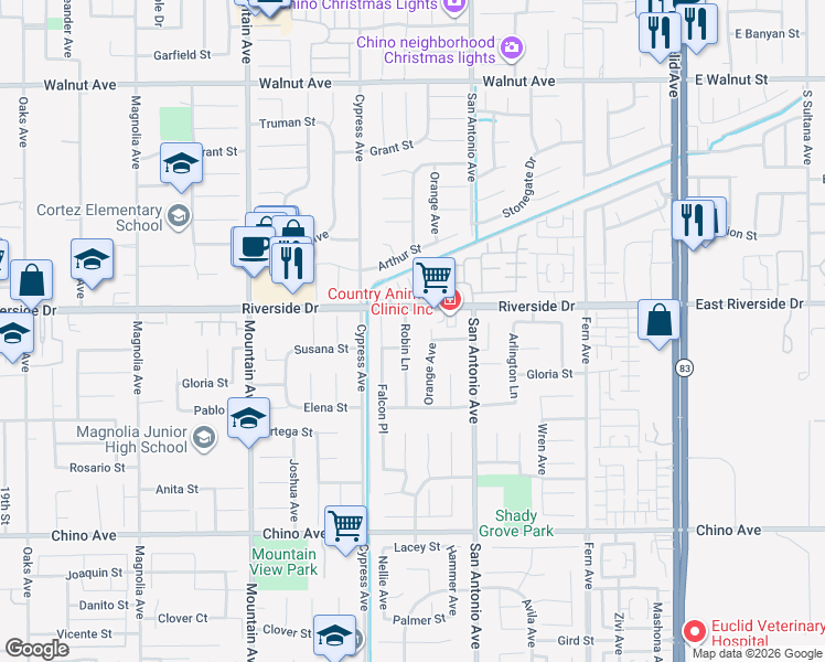 map of restaurants, bars, coffee shops, grocery stores, and more near 12947 Robin Lane in Chino