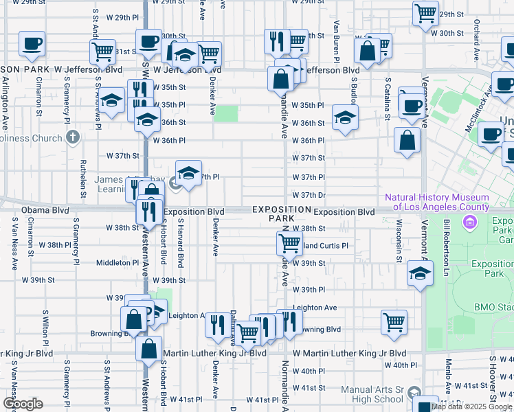 map of restaurants, bars, coffee shops, grocery stores, and more near 1351 Exposition Boulevard in Los Angeles