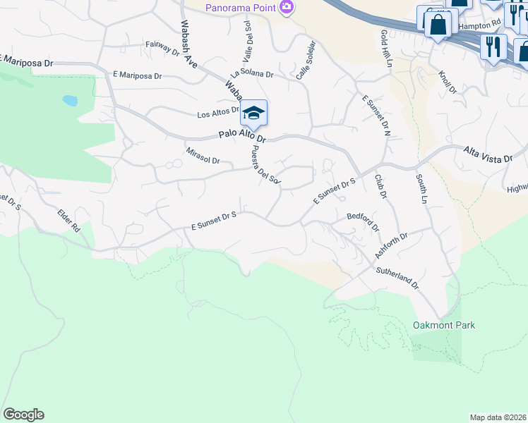 map of restaurants, bars, coffee shops, grocery stores, and more near 30746 East Sunset Drive South in Redlands