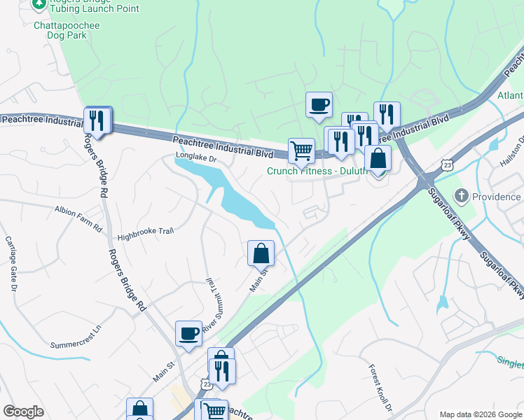 map of restaurants, bars, coffee shops, grocery stores, and more near 3740 Longlake Drive in Duluth