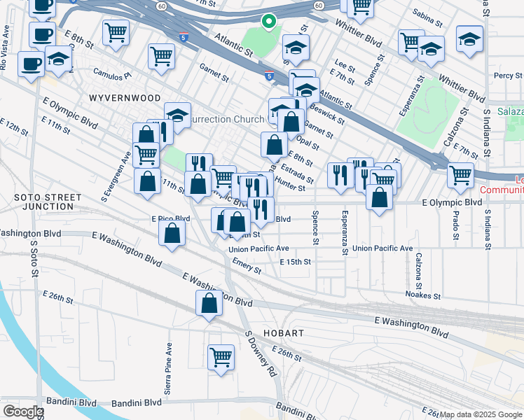map of restaurants, bars, coffee shops, grocery stores, and more near 3364 East Olympic Boulevard in Los Angeles