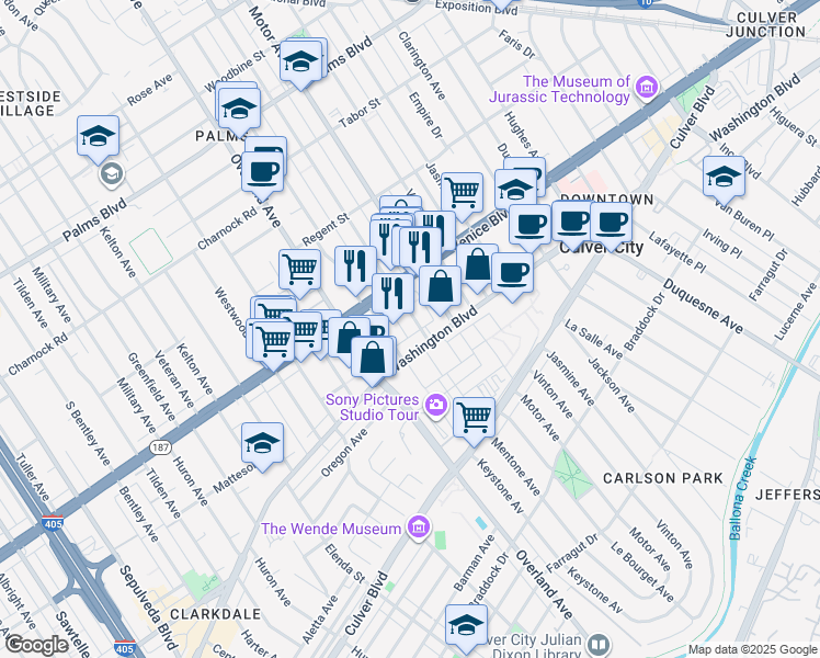map of restaurants, bars, coffee shops, grocery stores, and more near 3861 Mentone Avenue in Culver City