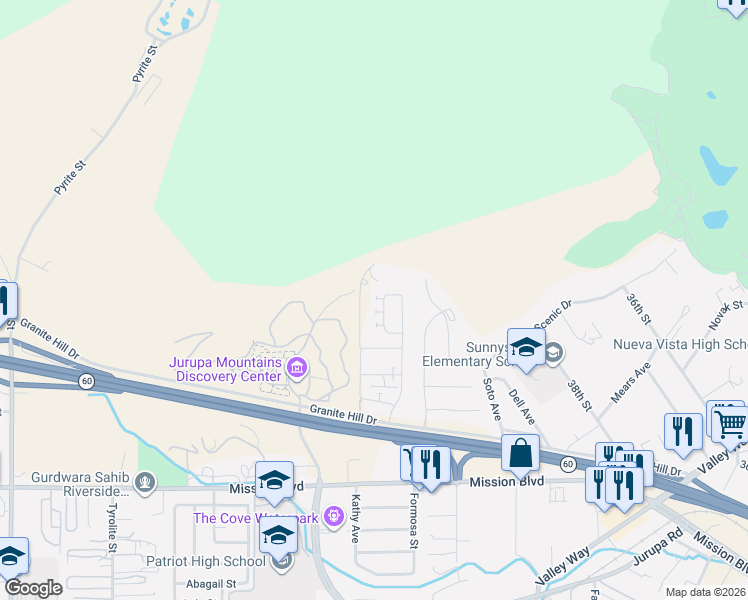 map of restaurants, bars, coffee shops, grocery stores, and more near 3885 Iron Mountain Circle in Jurupa Valley