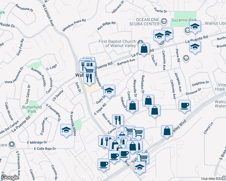 map of restaurants, bars, coffee shops, grocery stores, and more near 20302 Julliard Drive in Walnut