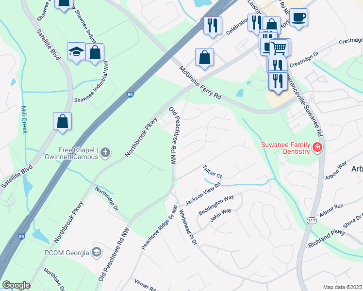 map of restaurants, bars, coffee shops, grocery stores, and more near 2887 Manor Glen Lane Northwest in Suwanee