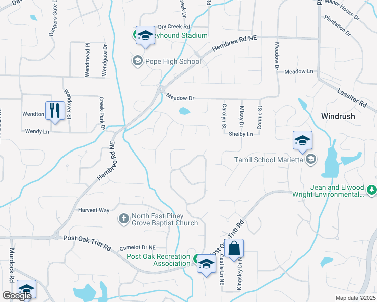 map of restaurants, bars, coffee shops, grocery stores, and more near 2704 Tritt Springs Trace Northeast in Marietta