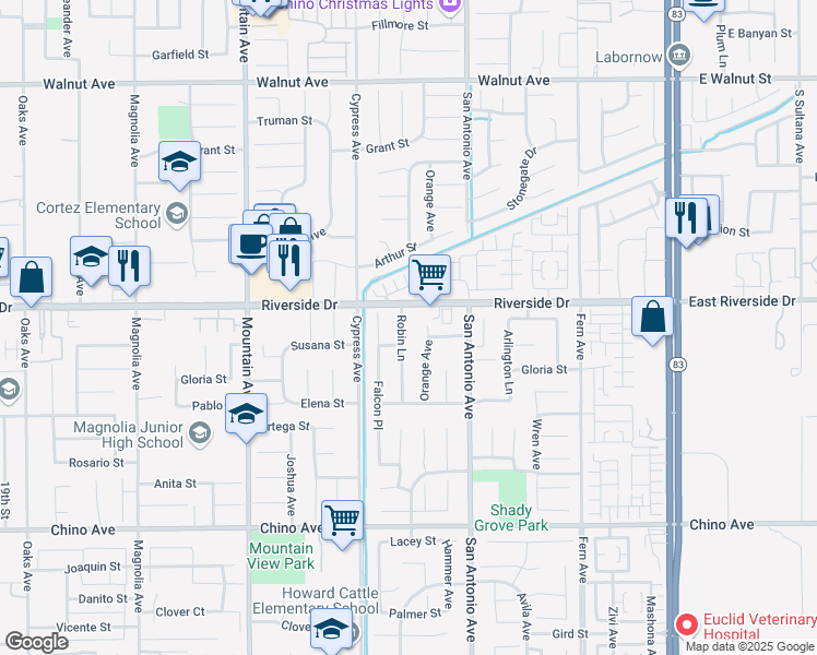 map of restaurants, bars, coffee shops, grocery stores, and more near 12947 Robin Lane in Chino