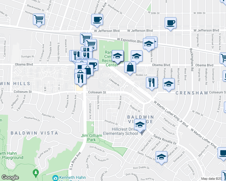 map of restaurants, bars, coffee shops, grocery stores, and more near 4843 Coliseum Street in Los Angeles