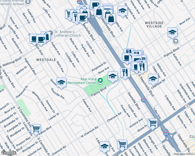 map of restaurants, bars, coffee shops, grocery stores, and more near 3404 Butler Avenue in Los Angeles