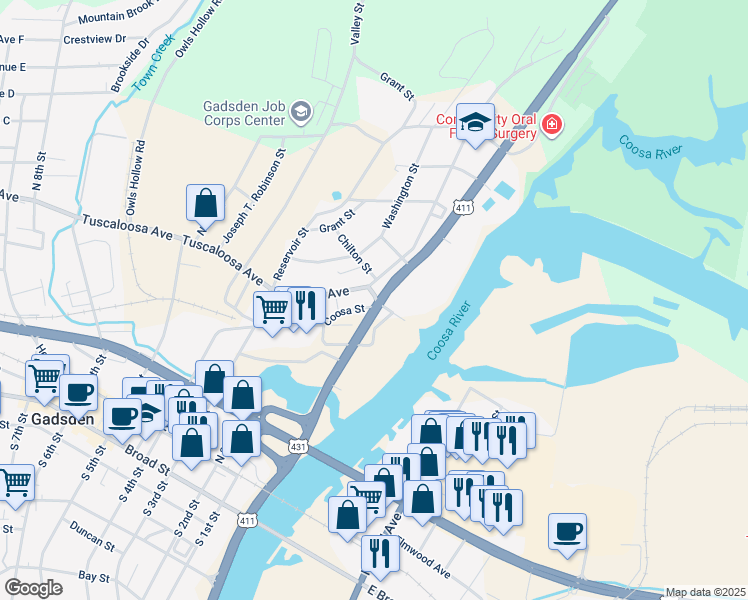 map of restaurants, bars, coffee shops, grocery stores, and more near 305 River Street in Gadsden
