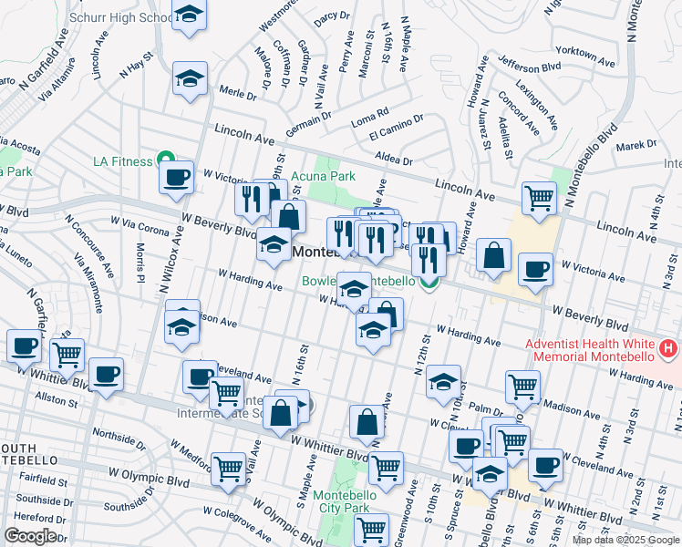 map of restaurants, bars, coffee shops, grocery stores, and more near 1516 West Beverly Terrace in Montebello