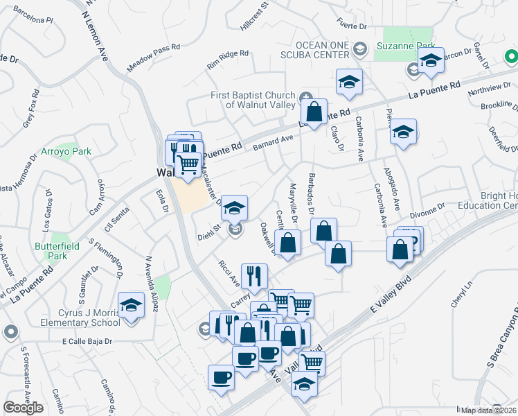 map of restaurants, bars, coffee shops, grocery stores, and more near 20309 East Vejar Road in Walnut