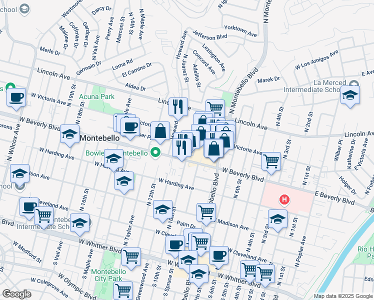 map of restaurants, bars, coffee shops, grocery stores, and more near 1009 Sheila Court in Montebello