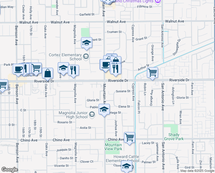 map of restaurants, bars, coffee shops, grocery stores, and more near 12941 Bermuda Avenue in Chino